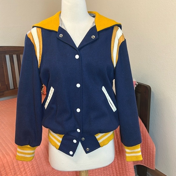 Vintage 70-80s Holloway Varsity Jacket women’s Blue Yellow Leather Wool sz Med - Picture 3 of 15